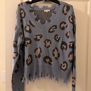 LA MIEL Distressed Blue Animal Print V-Neck Sweater